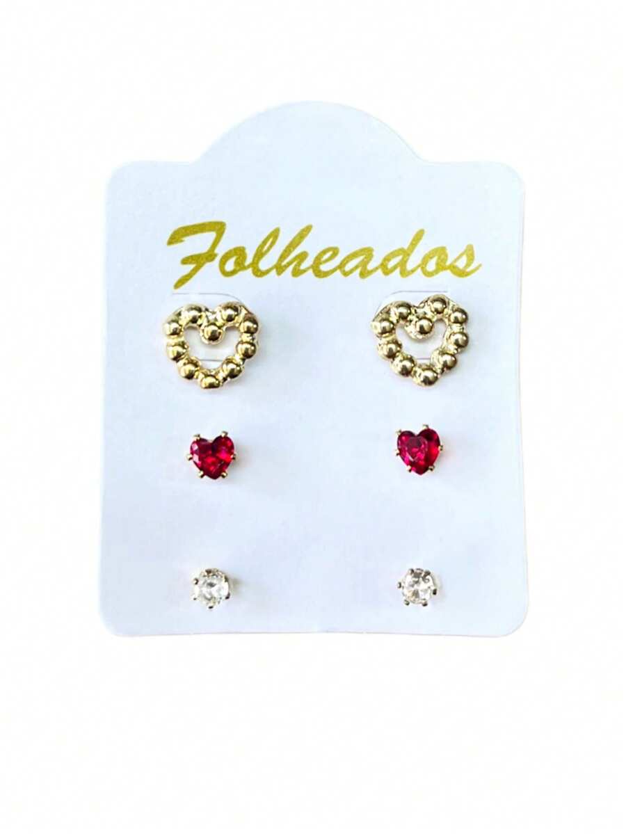 Kit 3 Pairs Of Small Gold Plated Earrings For First, Second And Third Holes, Various Models, Rhinestone Stones - MODELO 10 - Ver 1