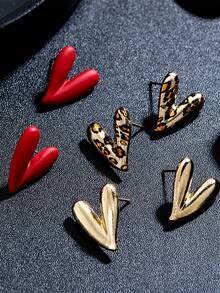 3 Pairs Fashion Personalized Metal Enamel Leopard Print & Heart Shaped Earrings Set, Suitable For Women's Parties And Various Occasions - Multicolor - View 2