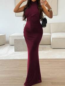 魅力优雅别致的露背修身纯色派对性感连衣裙，女士优雅派对礼服 - 酒紅色 - 查看 2