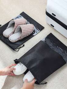 Túi đựng giày dùng một lần không dệt (1 cái/5 cái/10 cái), Túi bọc giày chống bụi màu trơn, Túi đựng giày du lịch dây rút màu đen, Túi đựng giày đơn giản - màu đen - Xem 3