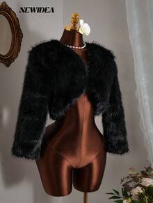 女士高级黑色人造毛皮短款修身长袖外套，低调奢华美学，适合假日、晚宴、正式场合 - 黑色 - 查看 1