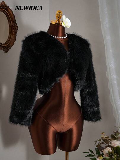 Women's Premium Black Faux Fur Shrug Jacket Cropped Structured Long Sleeve Quiet Luxury Aesthetic Holiday Evening Formal Occasion
