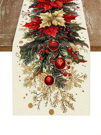 1pc Christmas Floral Table Flag - Red And Cream Poinsettia, Holly Leaves, Red Decorative Balls With Golden Accents, Showcasing Festive Splendor, Suitable For High-End Christmas Dinner, Holiday Decoration(13x35.4/47.2/63/72/78.7 Inches),