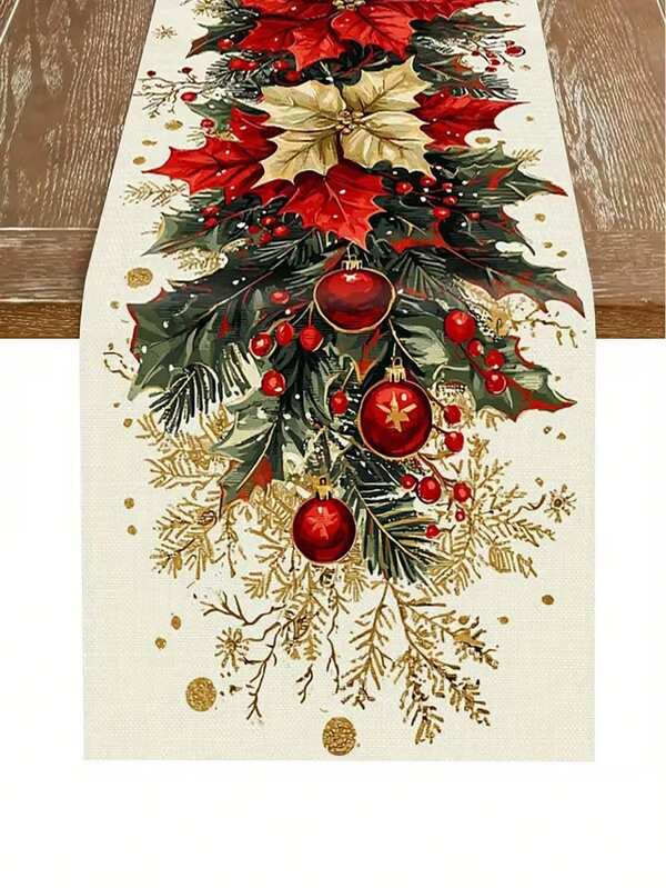 1 pezzo Bandiera da tavolo natalizia - Poinsettia rossa e crema, foglie di agrifoglio, palline decorative rosse con accenti dorati, che mostra lo splendore festivo, adatta per cene di Natale di alta gamma, decorazione natalizia (33x90/120/160/183/200 cm)