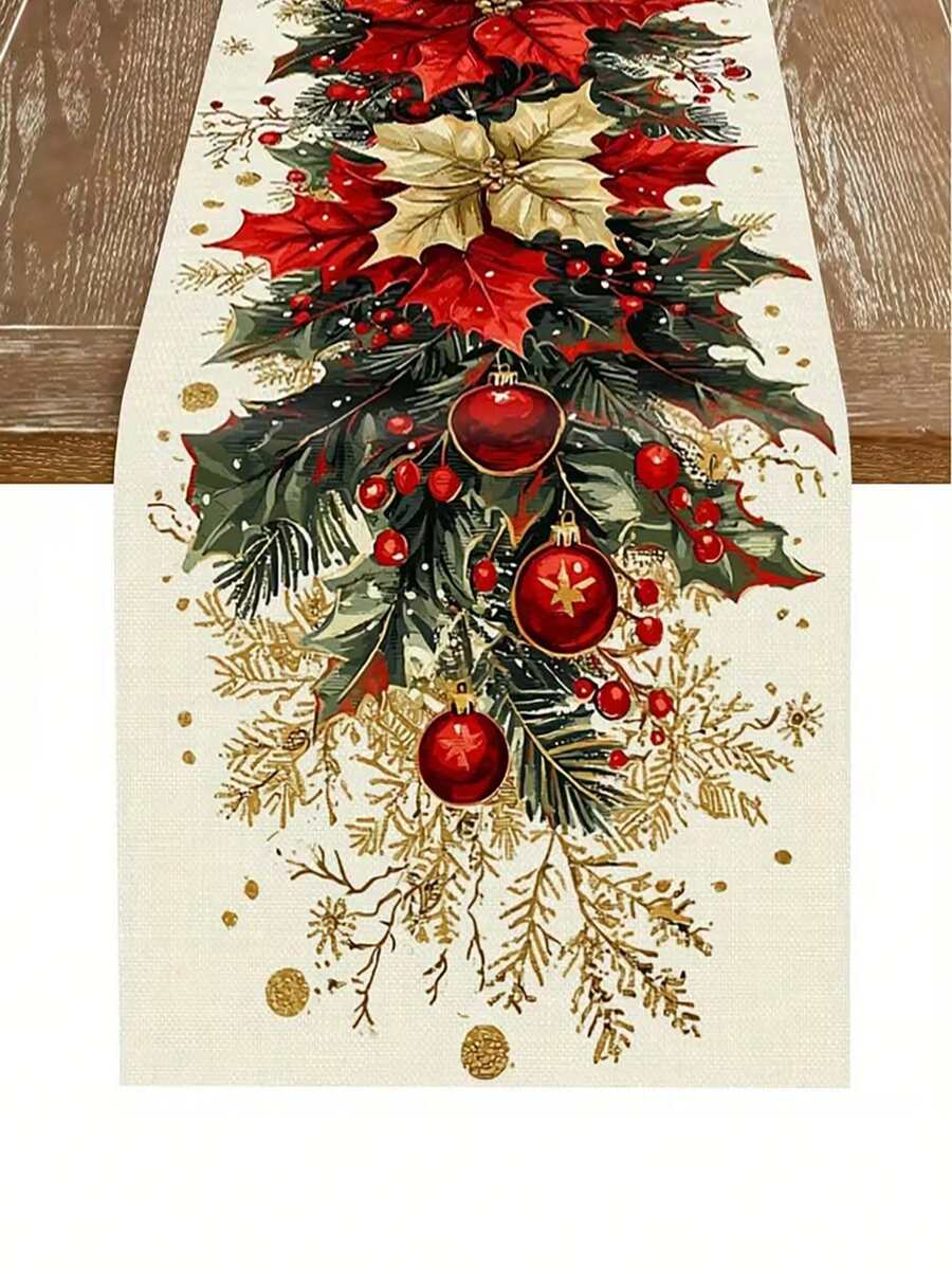 1pc Christmas Floral Table Flag - Red And Cream Poinsettia, Holly Leaves, Red Decorative Balls With Golden Accents, Showcasing Festive Splendor, Suitable For High-End Christmas Dinner, Holiday Decoration(13x35.4/47.2/63/72/78.7 Inches),