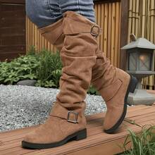 New Autumn And Winter Women's Shoes, Ruffled Low - Heel Western Cowboy Boots With Belt Buckles. These Are Long Boots With Thick Heels, Slimming Long Tubes. They Are Sports - Casual Knee - High And Thigh - High Boots, Versatile And Sexy Autumn And Winter Cowboy Boots. - màu nâu - Xem 3
