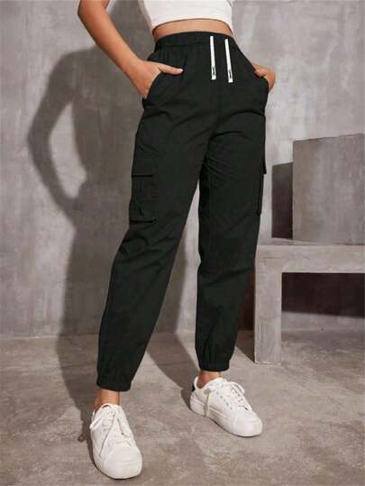 1pc Teen Girl Casual Straight Leg Drawstring Pants With Pockets, Spring Autumn