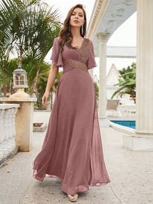 女式 V 领露背荷叶边袖交叉褶饰亮片拼接雪纺派对连衣裙 - 紅木色 - 查看 2