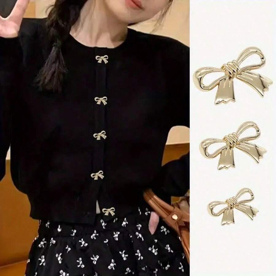6/12pcs Gold Bow Shaped Metal Buttons, 0.98 Inch/2.5cm, 0.79 Inch/2cm, 0.59 Inch/1.5cm, Handmade Sewing Accessories For Women Knitwear, Shirts, Dresses And Coats - Multicolor - View 1