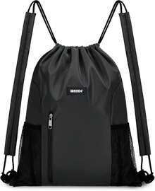WANDF Drawstring Backpack With Shoulder Pad Sports Gym Backpack With Mesh Pocket String Bag Women Men - Black - View 8