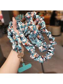 1pc Elastic Silk Printed Ribbon Pleated Phone Lanyard Crossbody Phone Strap Necklace For Women, Anti-Lost Phone Hanging Cord, Creative Phone Lanyard Suitable For Outdoor, Hiking, Shopping, Travel