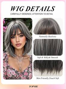 TOPSHE Fashion Natural Looking Wigs 12 Inch Cute Party Dark Grey Short Straight Wigs,Heat-Resistant Synthetic Wig With Bangs For Women, For Party,Cosplay,Halloween Daily Wear - 深灰色 - 查看 6
