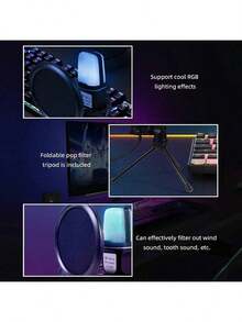 [USB Condenser Mic With Mute] Game Microphone, USB PC Microphone For Podcast Videos, Streaming Media, Condenser Microphone With Fast Mute Function, Tripod, Spray Hood, RGB Indicator Light, Shock Absorber, Rotary Gain Button, Compatible With PS4/5/PC - màu đen - Xem 7