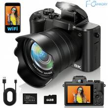 Cámara digital CAMKORY 8K - Cámara de vlogging de 88MP con enfoque automático y WiFi, lente dual, zoom digital 16X, con parasol, flash, pantalla táctil y tarjeta TF de 64GB