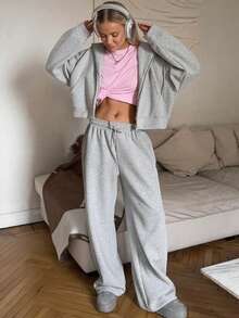 Women's Two Pieces Tracksuit - Zip-Up Hoodie With Pockets + Elastic Waist Sweatpants, Comfortable Loungewear Set