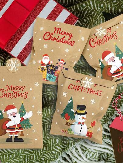 48/24 pezzi Borse di carta kraft retrò natalizie (con adesivi, con elementi di Babbo Natale, pupazzo di neve e volpe), adatte come sacchetti per feste di Natale, buste per regali, facenti parte delle forniture per imballaggio regalo natalizio, e anche pratici sacchetti di carta regalo natalizi