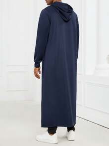 Muslim Men's Hooded Sweatshirt Robe Blue And Gray Chest Zipper Pockets Slits On Both Sides - Navy Blue - View 3