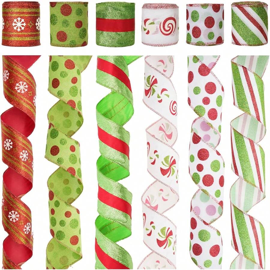 Christmas Wired Ribbon 30 Yards - 2.5 Inch Candy Cane Striped Burlap Ribbon For Wreaths, Gift Wrapping And Tree Decorations - الأخضر والأبيض - مشاهدة 1