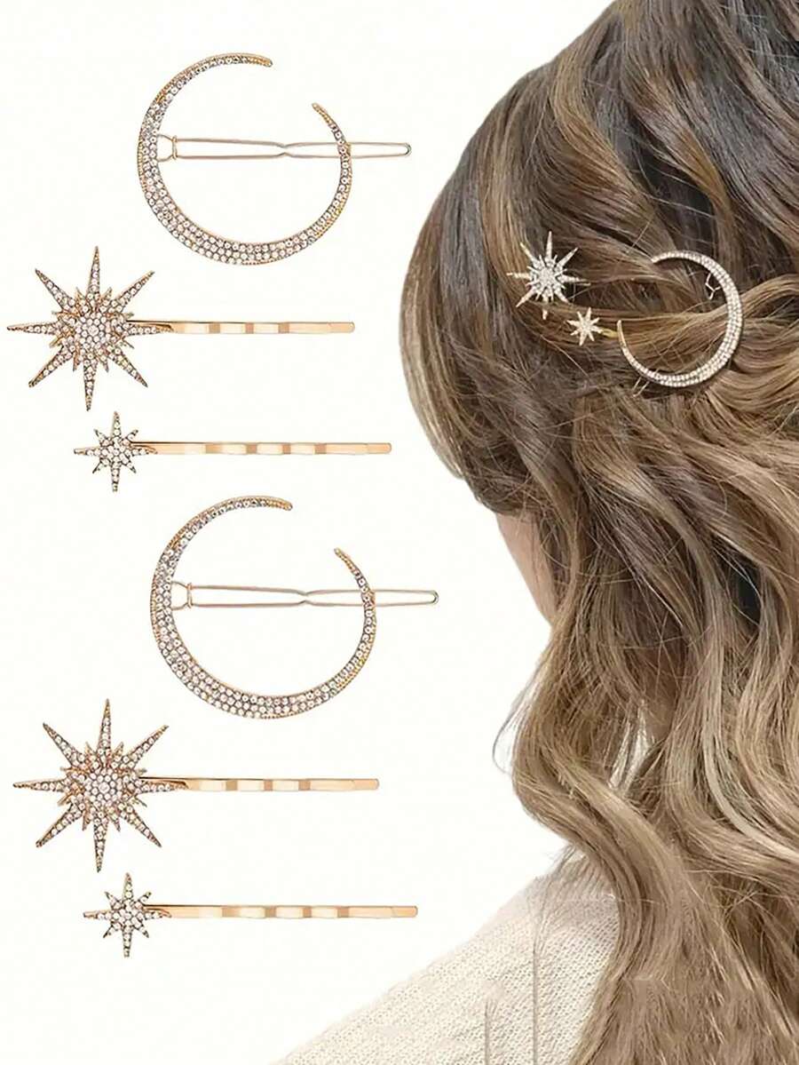 6pcs/3pcs/2pcs/1pc Vintage Stylish Minimalist Faux Pearl & Crystal Star Moon Hair Clips, Suitable For Hair Pins, Headbands, School Supplies Or Faux Pearl Hair Accessories, Side Bangs Clips For Daily, Outdoor, Commute, Party, Travel, Date, Music Festival