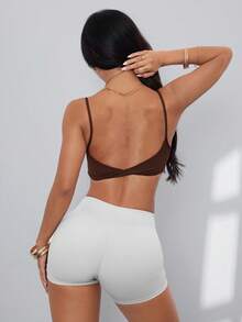 Women's Sports Bra, Twist Back Design, Fashionable Solid Color Sports Tank Top, With Removable Pads, Suitable For Yoga, Fitness And Running - Brown - View 4