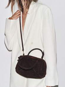 Women's Suede Shoulder Bag, Handbag & Crossbody Bag With Zipper, Bowling Bag Style, Boston Bag, Korean Fashion - Cà phê - Xem 6