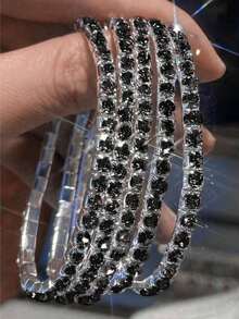5 Sparkling Rhinestone Elastic Bracelets, Suitable For Gift Giving Jewelry, Ladies' Party And Dinner Themed Bracelet Set - 黑色 - 查看 2