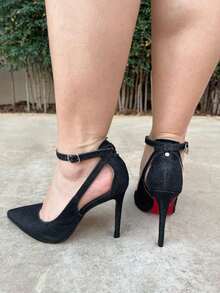 SCARPIN GLITER PRETO COM STRASS SOLA VERMELHA SALTO 11 CM