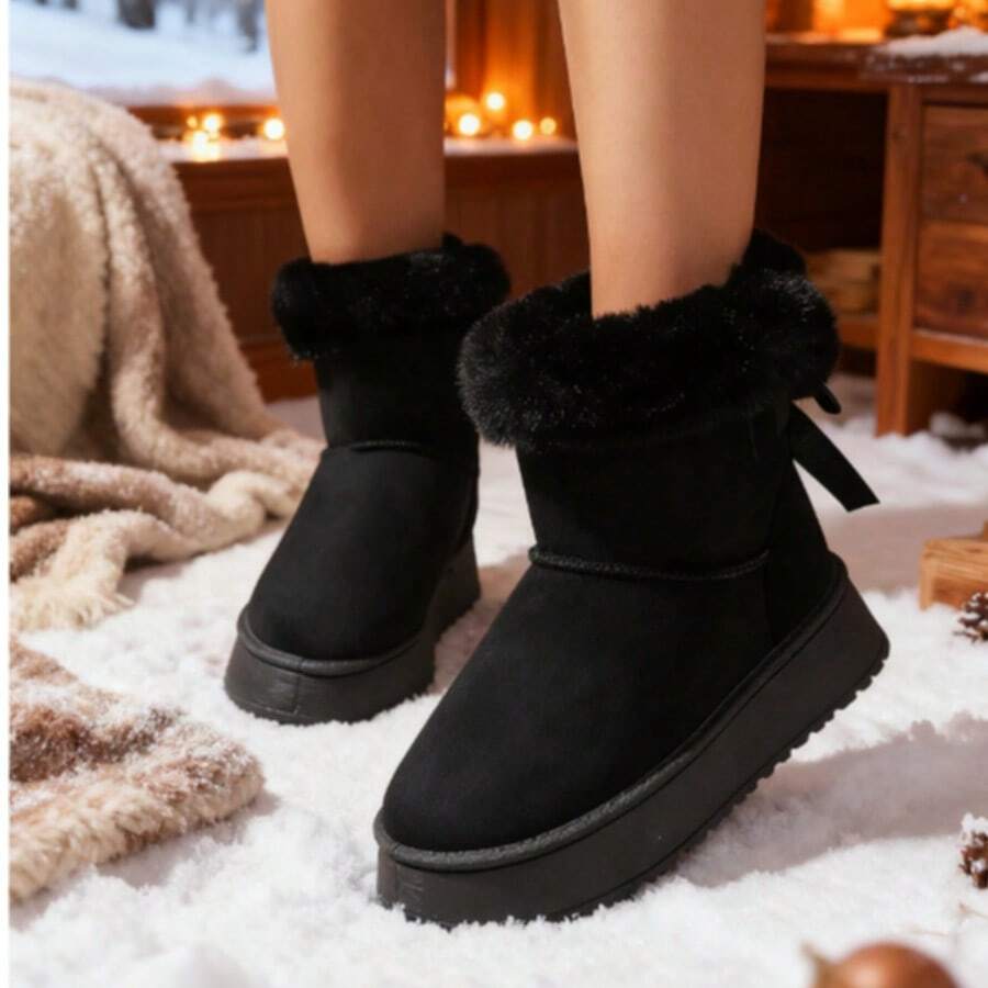 Women's Classic Thick-Soled Snow Boots Plush Ankle Boots: Made Of Imitation Suede, The Boots Are Ankle-High And Suitable For Winter Wear. They Are Equipped With Memory Foam Insoles And Lightweight Non-Slip Soles. They Can Be Worn Indoors And Outdoors. They Are Suitable Black Boots For Christmas And Holidays. - màu đen - Xem 1