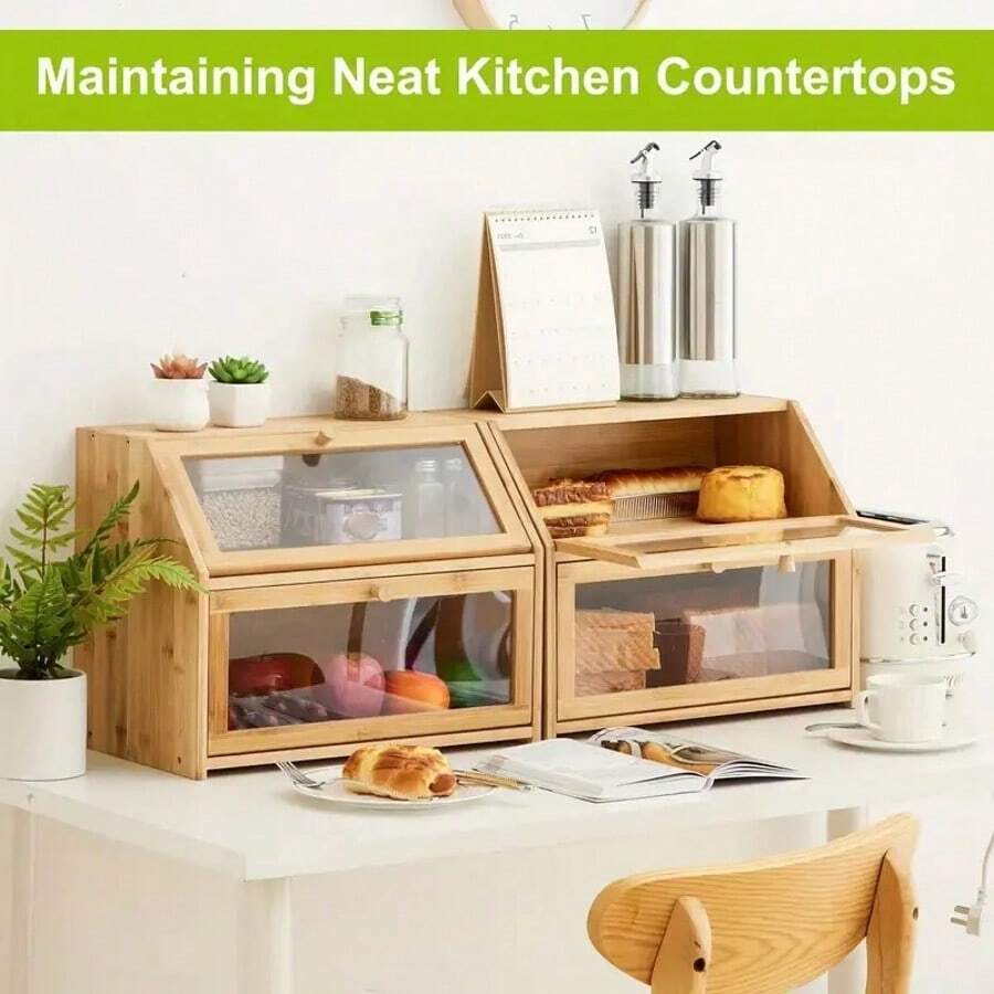 Caja de pan de bambú doble de gran tamaño con tabla de cortar y clips de pan, contenedor de almacenamiento de cocina con ventana transparente para mostrador, para congelador, material de bambú duradero - Caqui - Ver 1