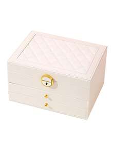 1pc Three-Layer Jewelry Storage Box, Dressing Table With Drawer Jewelry Storage Box, Gift Leather Jewelry Box, Portable Jewelry Storage Box, Desktop Storage Drawer Box, Stackable Storage Box, Can Store Watches, Necklaces, Rings, Pendants, Bracelets And Other Multi-Functional Jewelry Storage Boxes, Exterior With Locking Leather Design,