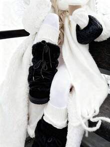 Faux Fur Snow Boots For Women Fuzzy Fluffy Furry Lace Up Mid Calf Boots Winter Warm Fur Boots For Christmas - màu đen - Xem 1
