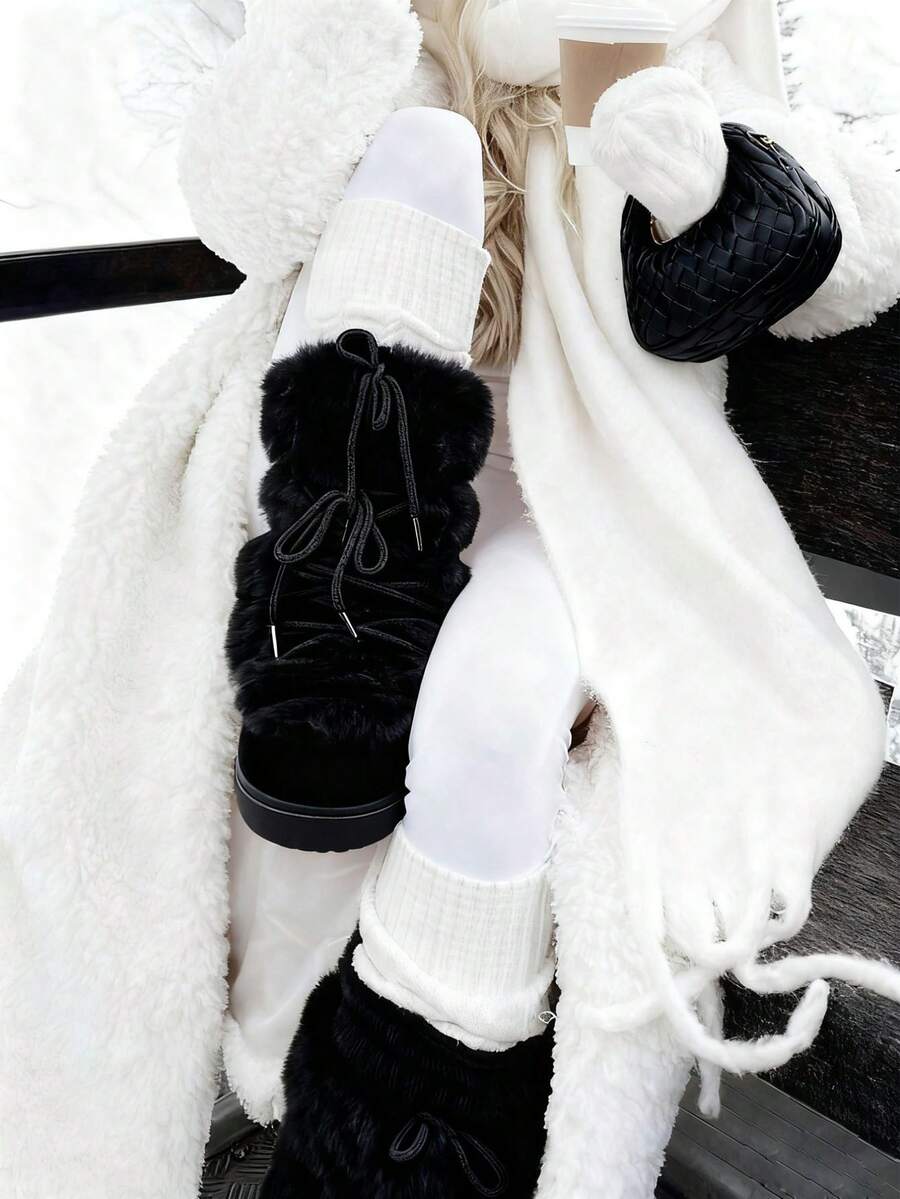 Faux Fur Snow Boots For Women Fuzzy Fluffy Furry Lace Up Mid Calf Boots Winter Warm Fur Boots For Christmas - màu đen - Xem 1