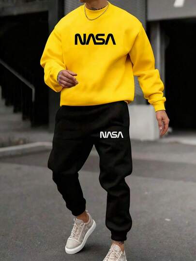 2pcs/Set Plus Size Men's Casual Soft Comfortable Versatile Sportswear Set, Minimalist 3D Letter Print Crew Neck Sweatshirt And Sweatpants, Autumn/Winter