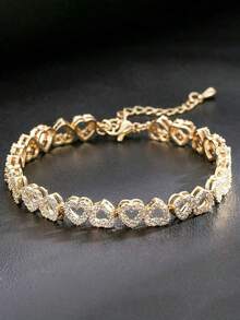 1pc Luxury Heart-Shaped Cubic Zirconia Chain Bracelet, Women's Gold-Plated Bracelet, Suitable For Party, Birthday, Travel Wear, Can Be Given As A Gift To Girlfriend, Friend Or Wife - Bracelet - View 3