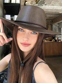 1pc Women's Retro American West Style Wide Brim Leather Bucket Hat, Suitable For Outdoor, Spring/Autumn - Multicolor - View 2