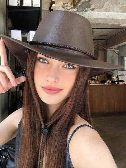 1pc Women's Retro American West Style Wide Brim Leather Bucket Hat, Suitable For Outdoor, Spring/Autumn
