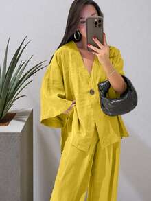 女士优雅两件套，深V领长袖衬衫带口袋，松紧腰长裤，前短后长裤脚，轻薄舒适休闲宽松两件套，适合所有季节。 - 黃色 - 查看 4