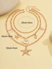 3pcs/Set Fashionable Summer Vacation Style Natural Shell, Seashell & Starfish Pendant Necklace For Women, Suitable For Beach & Seaside Holiday. Natural Shell And Seashell Surface Patterns And Sizes Are Random. - Golden - View 4