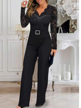 ChicMe Women Rhinestone Scallop Trim Deep V Neck Lace Spliced Jumpsuit High Waist Zipper Back Straight Leg Overalls Chic Party Cocktail