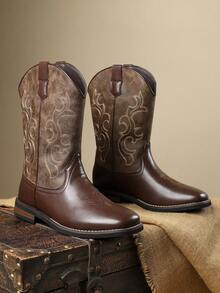 1 双男式刺绣图案圆头高帮低跟 PU 皮革鞋面橡胶外底舒适贴合休闲西部牛仔靴适合周末出游