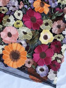 3D 花卉刺绣 A 字裙，优雅休闲波西米亚叶图案，女士秋季服装 - 黑色 - 查看 5