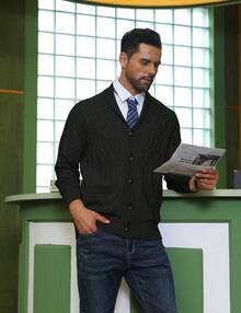 URRU Mens Shawl Collar Cardigan Sweater Casual Slim Fit Button Down Cable Long Sleeve Knitted Sweater With Pockets - Black - View 3