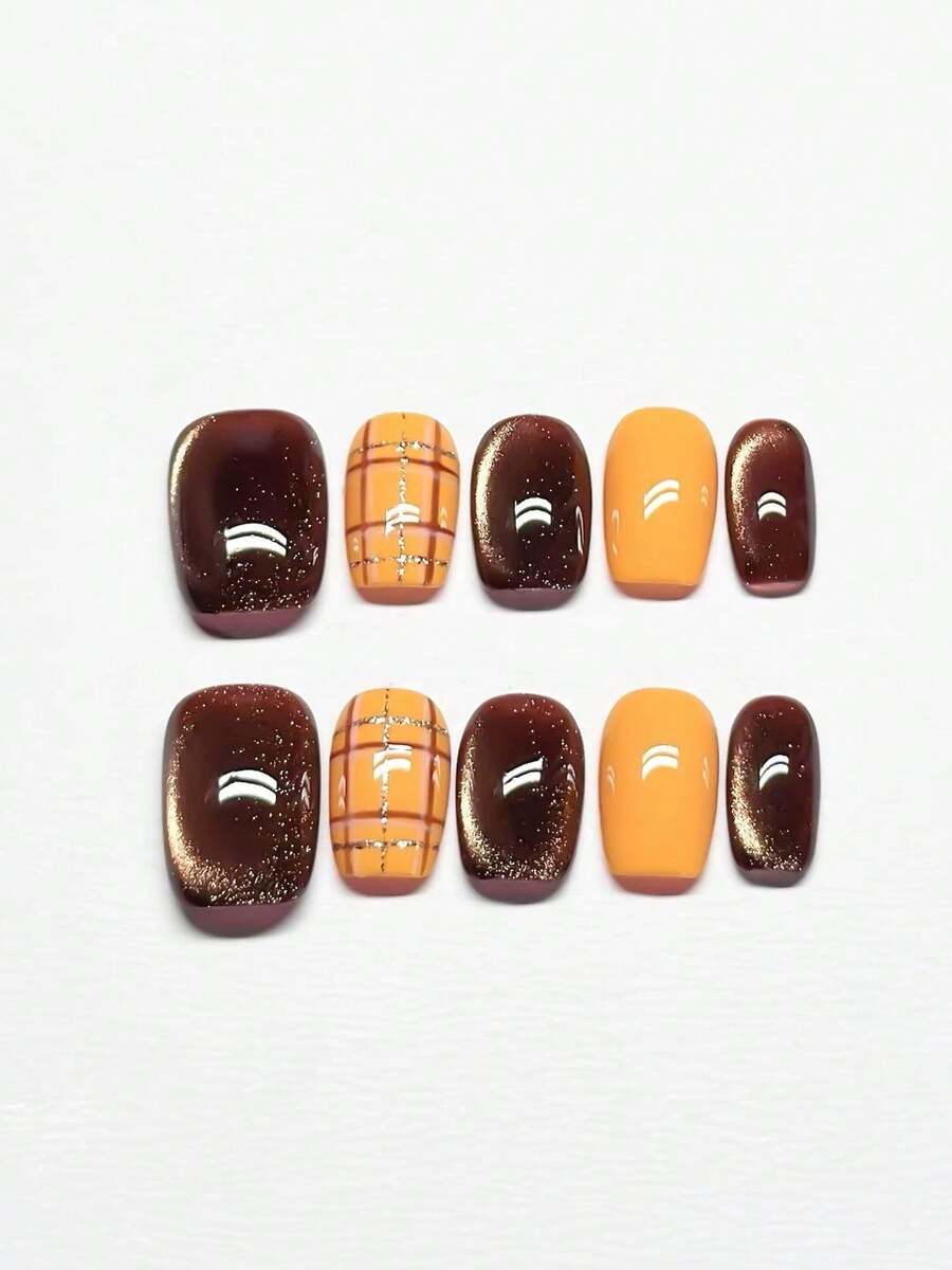 10pcs/Set Handmade Press-On Nails - Shiny Brown Cat Eye & Orange Plaid Design, Medium Square Shape With Glitter Accent - Elegant Lady False Nails - Rust Brown - View 1