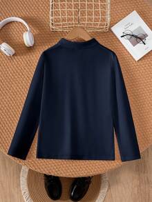 Chemise polo à manches longues classique et simple pour pré-adolescent, bleu marine, convient pour le casual, les vacances, le layering avec différentes vestes