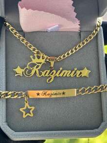 2 Stücke Geschenk zur Schulanfang, personalisiertes Schmuckset, bestehend aus personalisierter Stern-Namenskette und Armband-Set, Edelstahl-Stern- und Kronen-Anhänger mit eingraviertem Namenskette, einfaches, lässiges, hippes, gotisches, punk-artiges, personalisiertes, einzigartiges Geschenk für sie, ihren Freund, ihre Freundin, ihren Vater