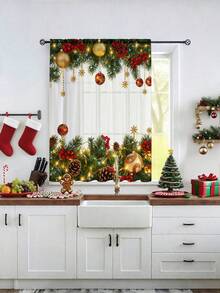 Cortina transparente decorativa com estampa de galhos de pinheiro e frutas natalinas (1 unidade), ideal para sala de estar, quarto, cozinha e decoração de festas de Natal. Gramatura: 100g/m². Ideal para decoração de Natal, decoração natalina e decoração de casa.