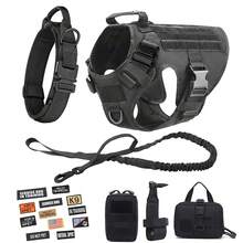 Tactical Dog Harness Set With Adjustable Training Vest, Leash, Collar, 12pcs Patches, Water Bottle Holder And Waist Bag For Small, Medium And Large Dog Breeds - Durable Nylon Fabric With Heavy Duty Metal Buckles