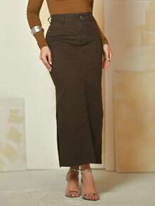 Women's Long Denim And Elastane Skirt With Side Openings And High Waist - 鏽棕色 - 查看 6