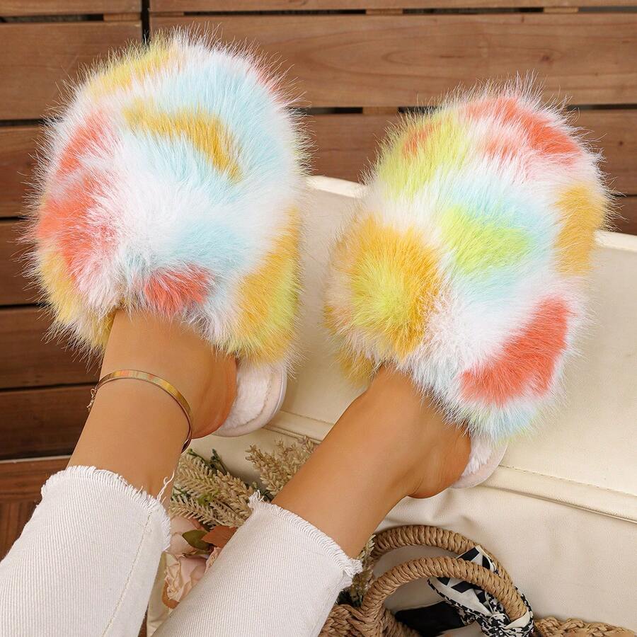 Pantoufles de maison décorées de peluche colorées et pour femmes, automne/hiver