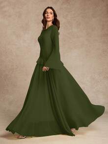 女式优雅荷叶边拼接系腰喇叭袖连衣裙，春夏 - 軍綠色 - 查看 5